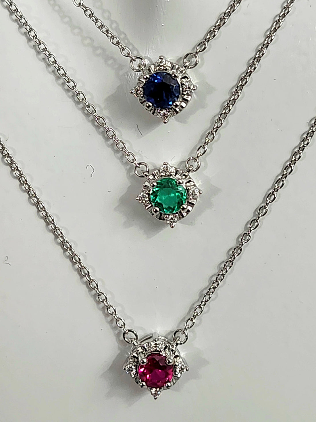Emerald and diamond silver birthstone necklace, May birthstone