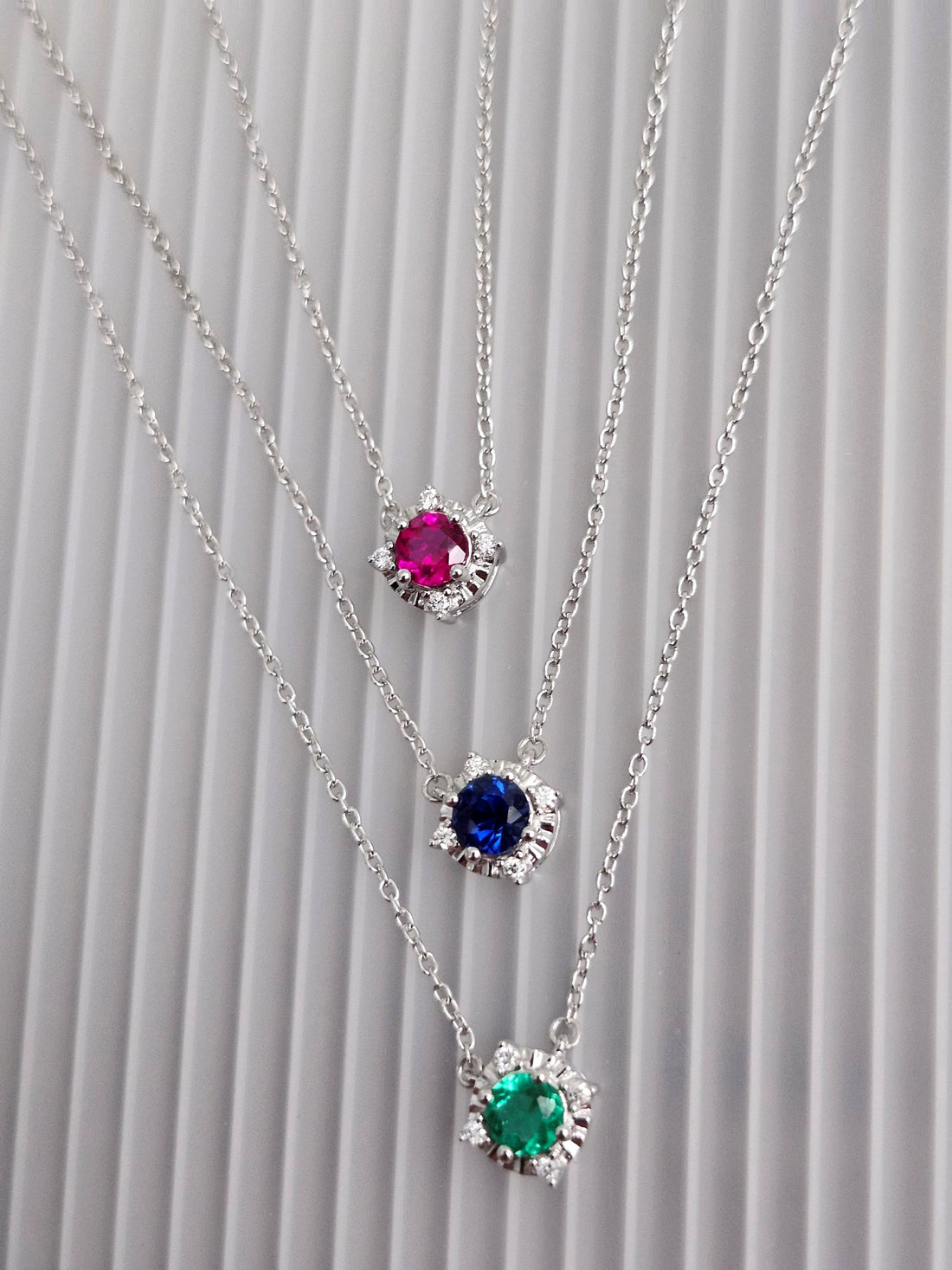 Emerald and diamond silver birthstone necklace, May birthstone