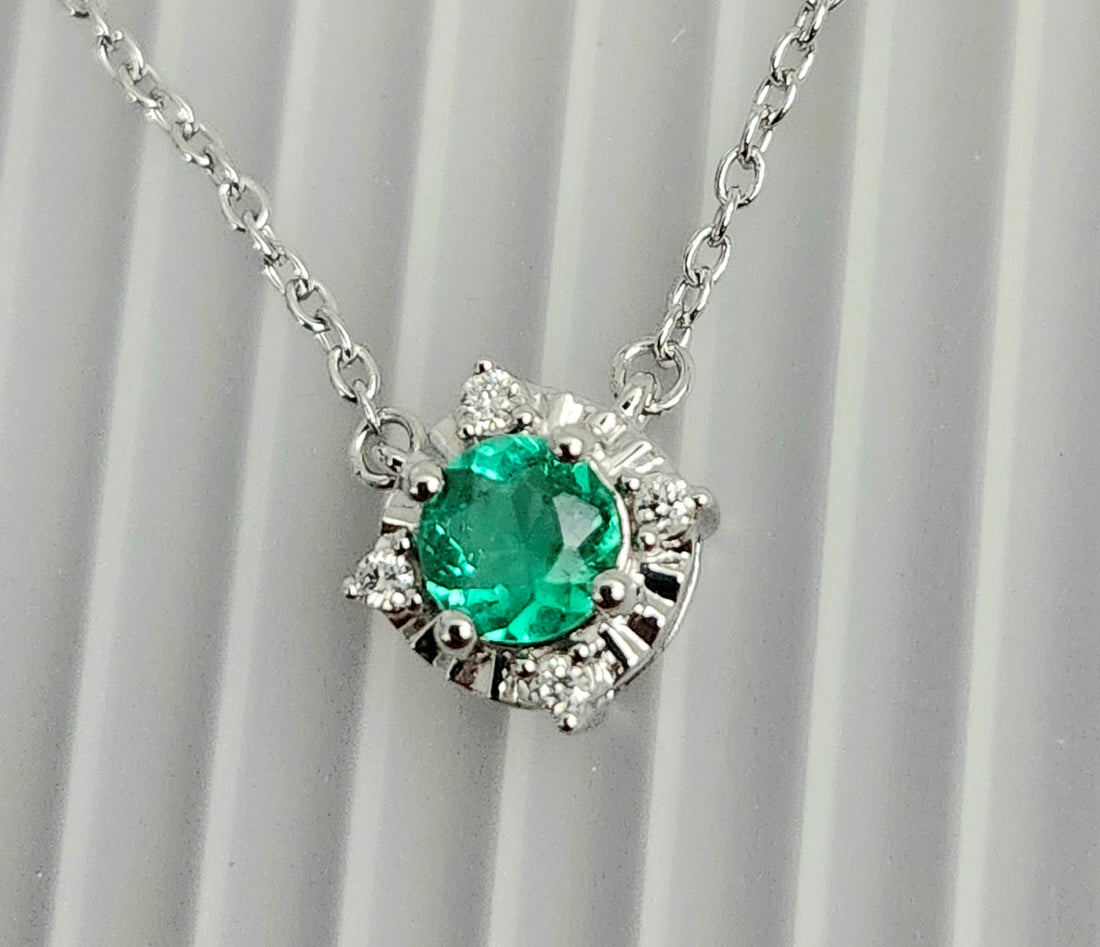 Emerald and diamond silver birthstone necklace, May birthstone
