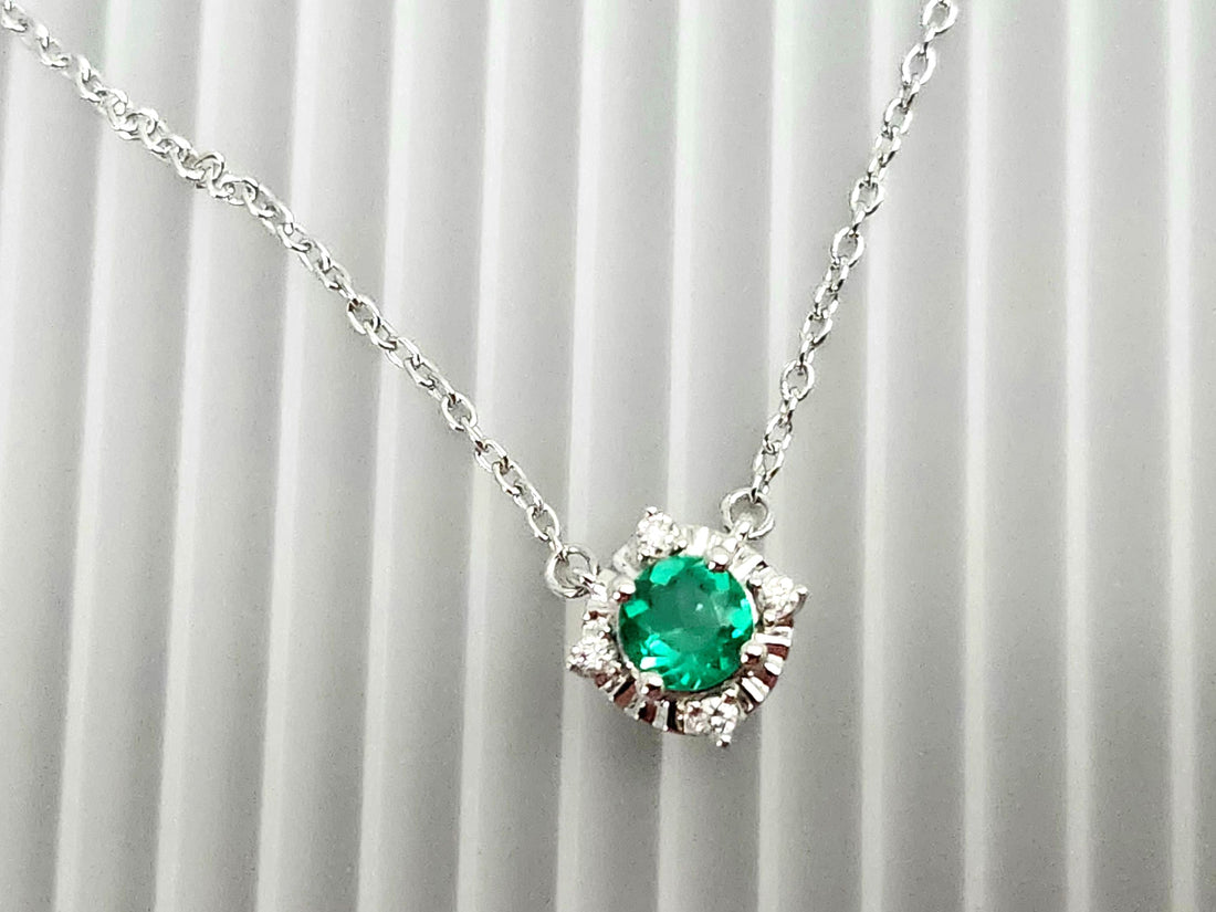 Emerald and diamond silver birthstone necklace, May birthstone