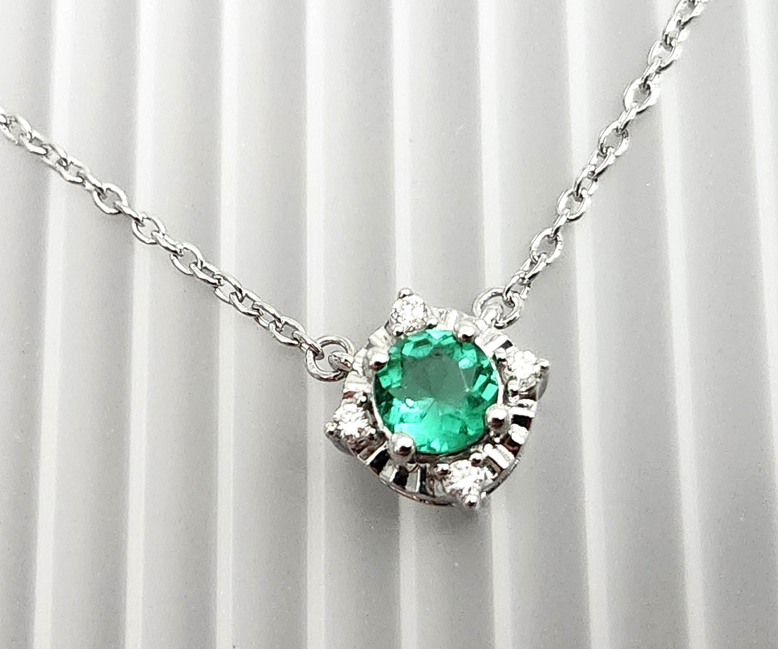 Emerald and diamond silver birthstone necklace, May birthstone