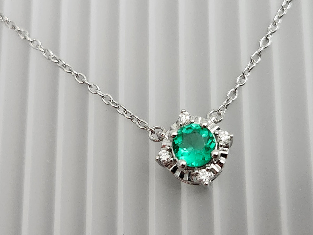 Emerald and diamond silver birthstone necklace, May birthstone