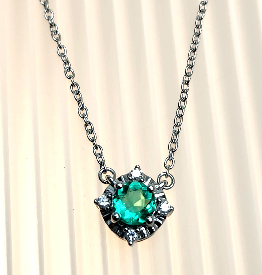 Emerald and diamond silver birthstone necklace, May birthstone