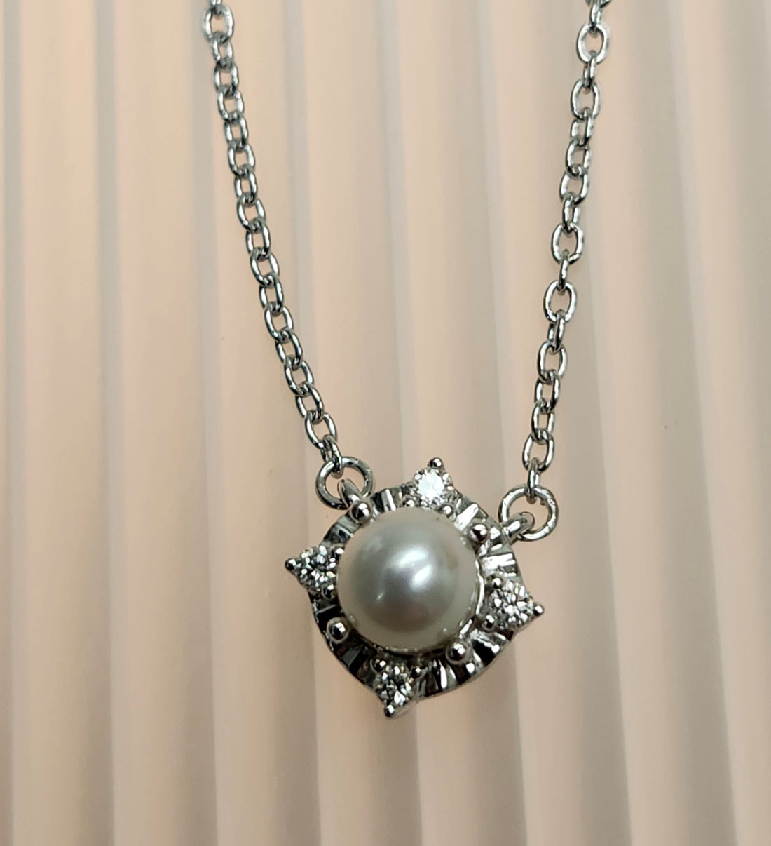 Cultured Pearl and diamond silver necklace, June birthstone necklace