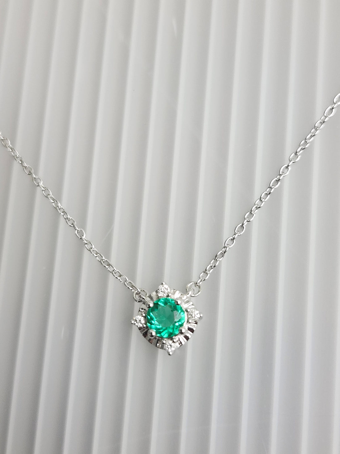 Emerald and diamond silver birthstone necklace, May birthstone