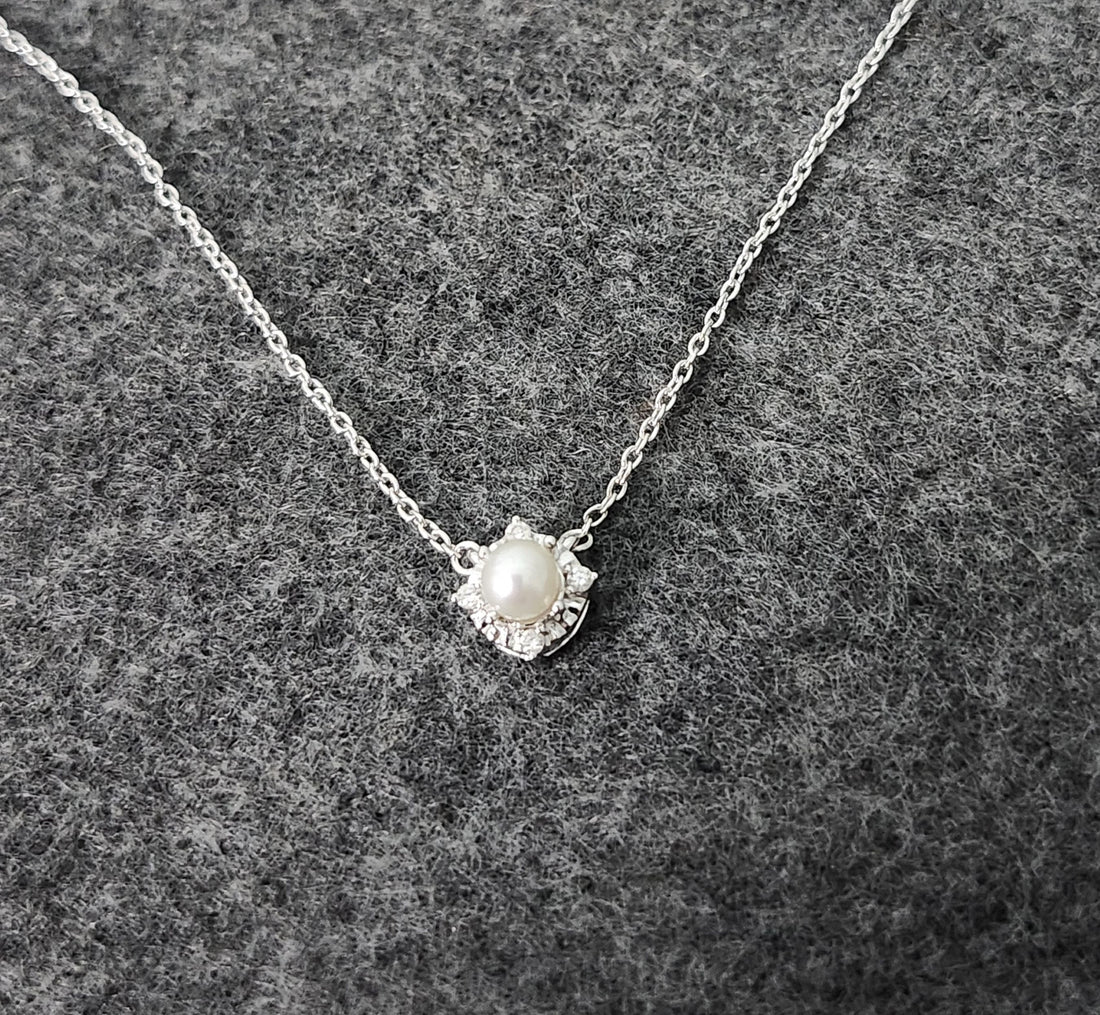 Cultured Pearl and diamond silver necklace, June birthstone necklace