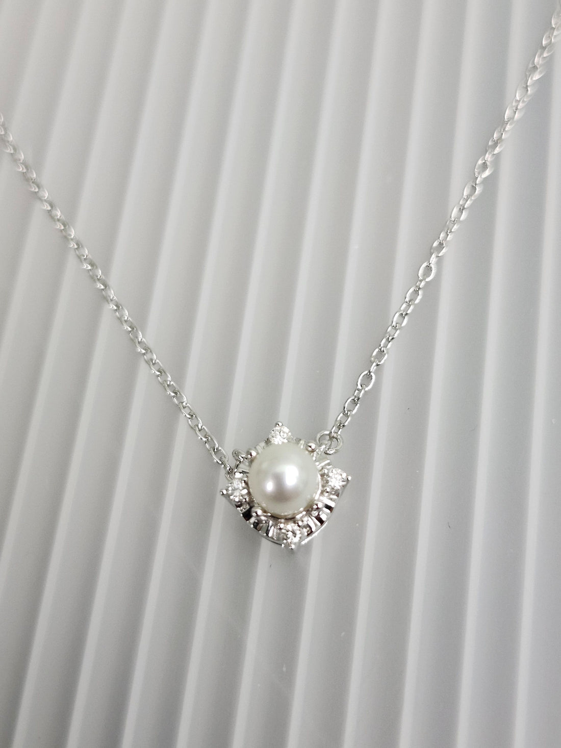 Cultured Pearl and diamond silver necklace, June birthstone necklace