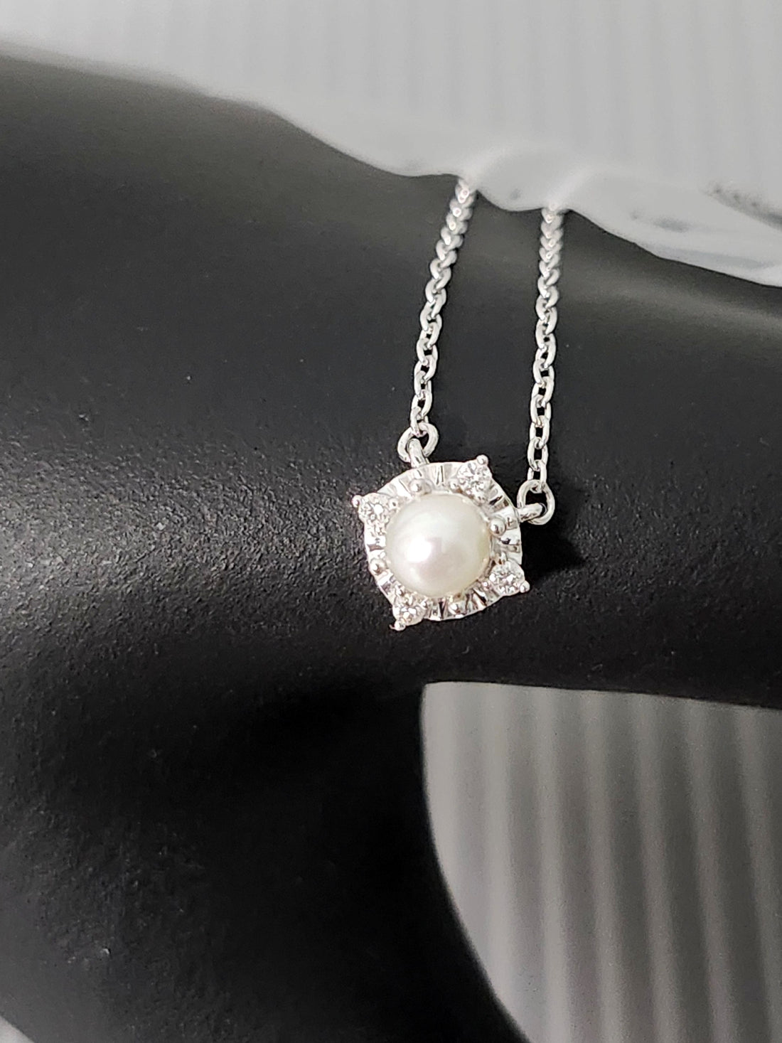 Cultured Pearl and diamond silver necklace, June birthstone necklace