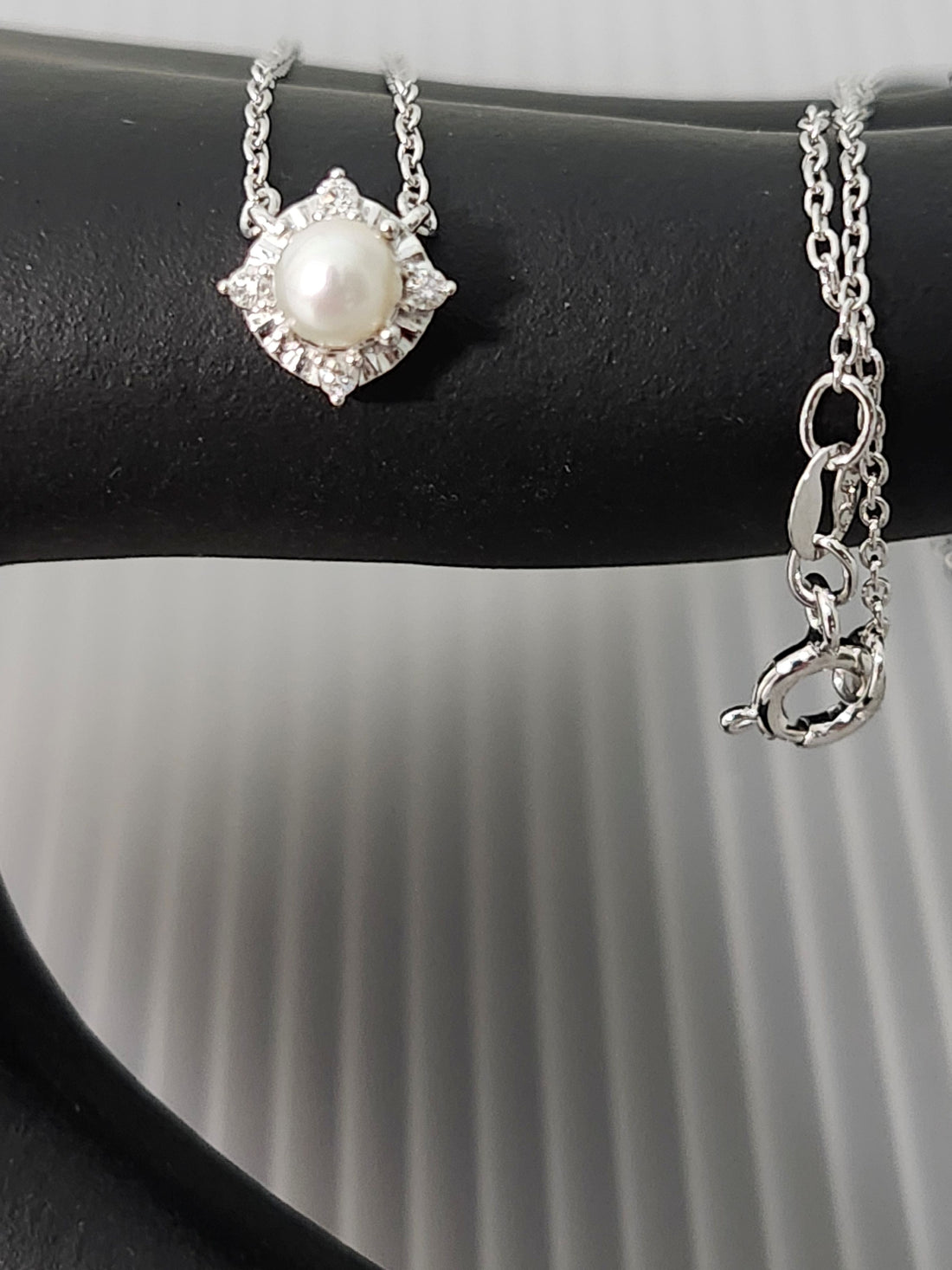 Cultured Pearl and diamond silver necklace, June birthstone necklace