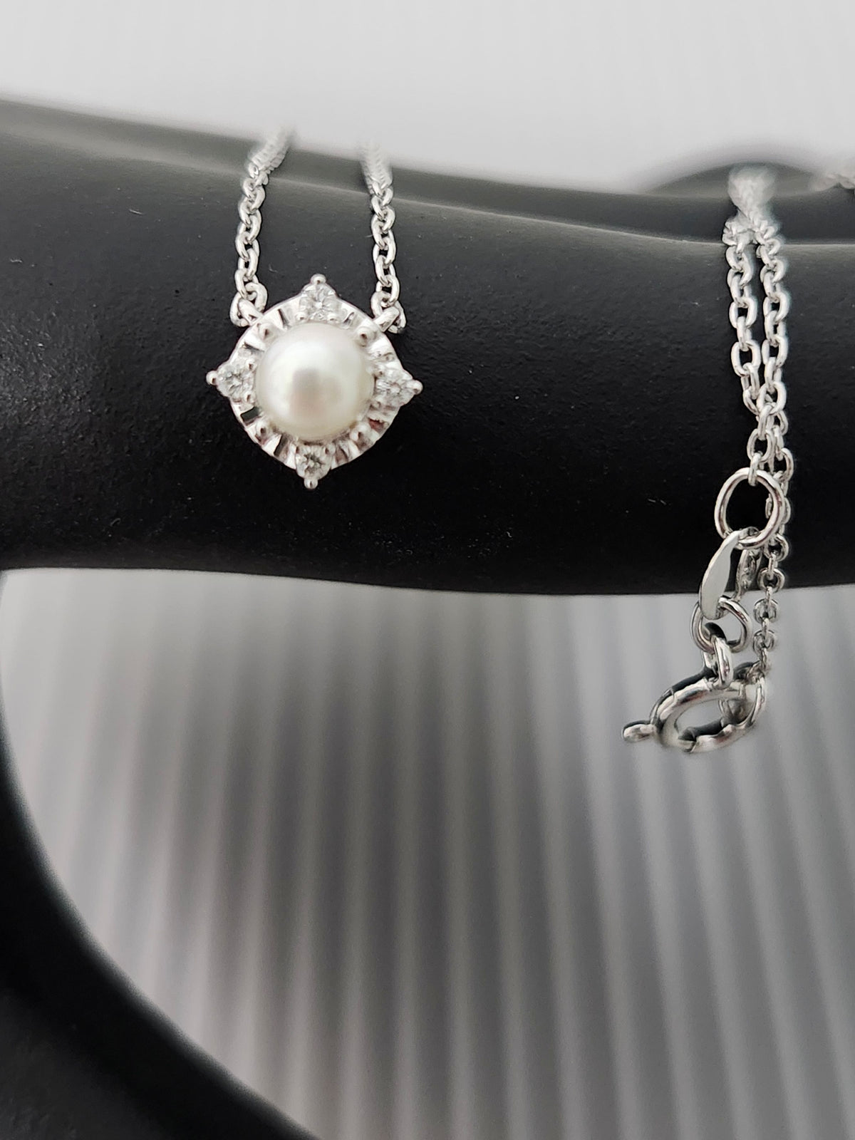 Cultured Pearl and diamond silver necklace, June birthstone necklace