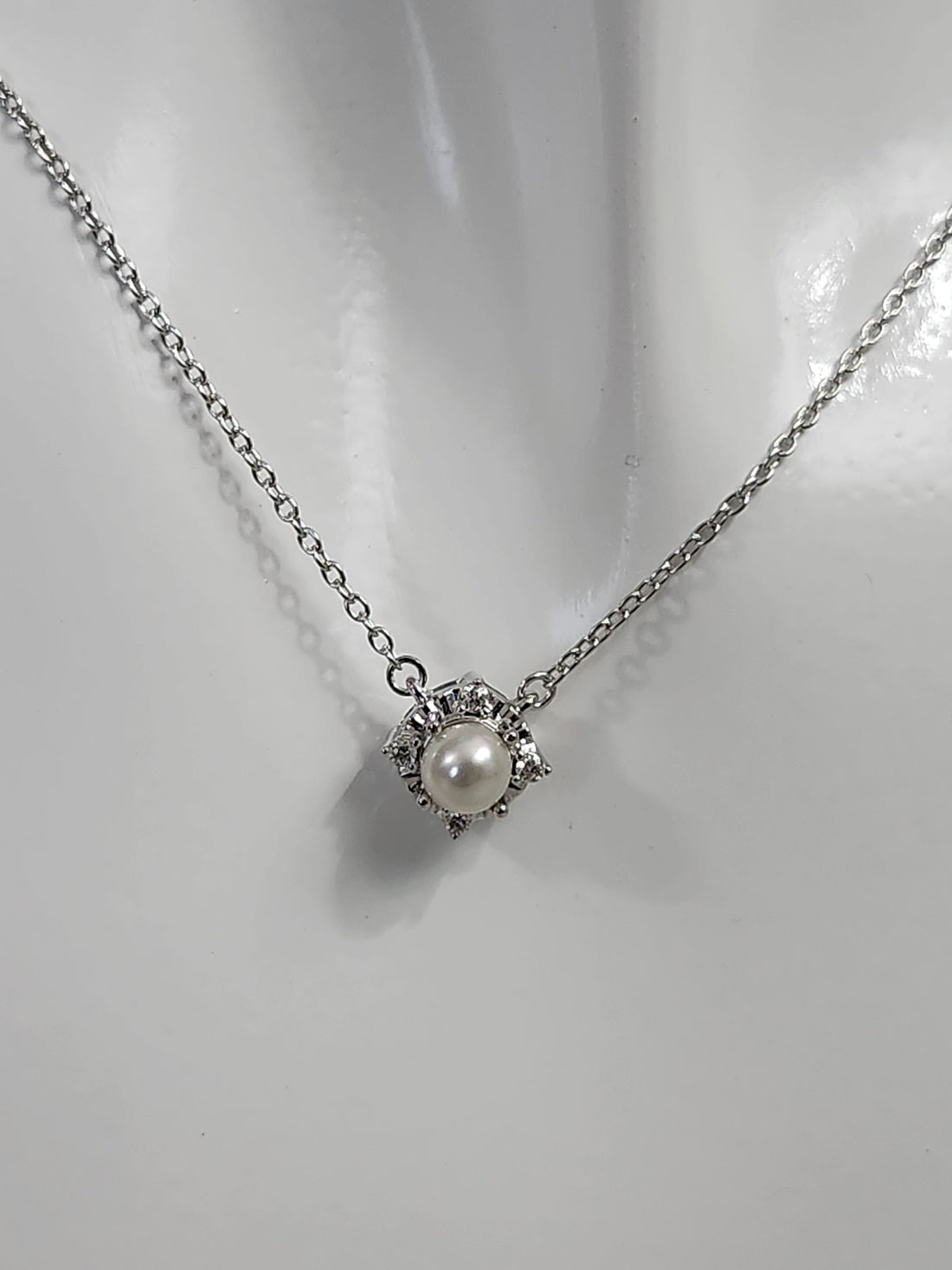 Cultured Pearl and diamond silver necklace, June birthstone necklace