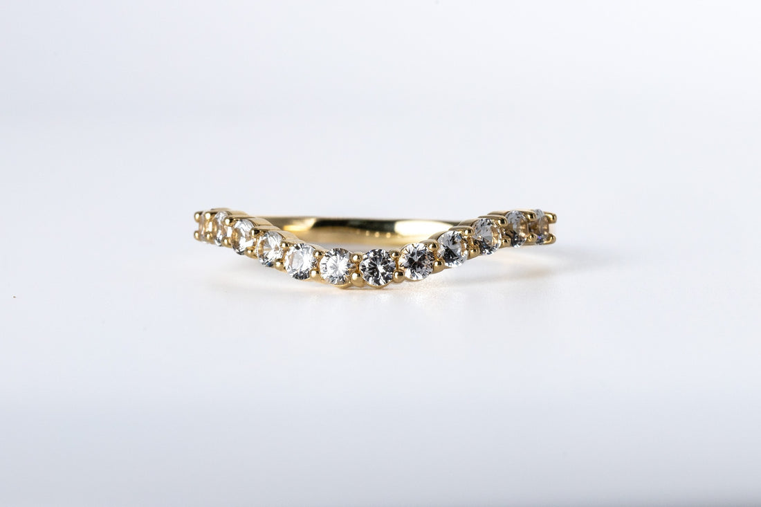 Natural White Sapphire Wedding Band, Free form Band, Yellow Gold Band