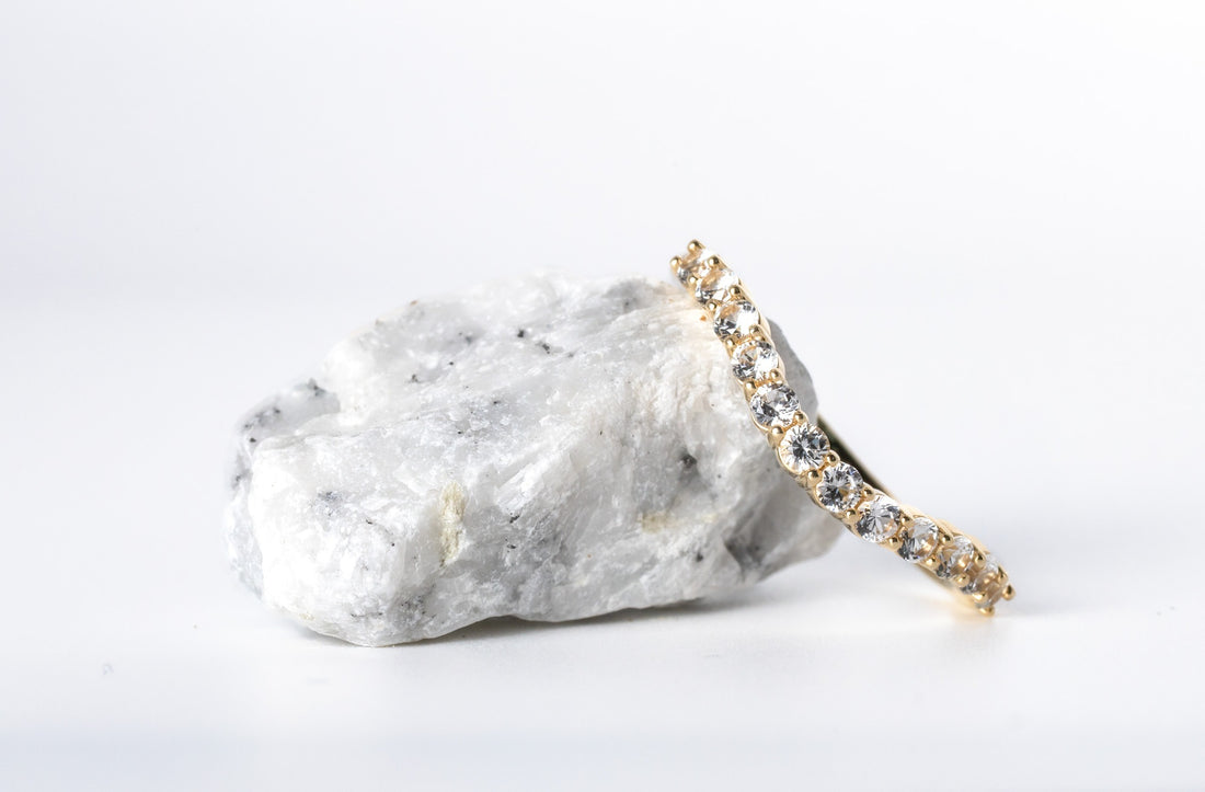 Natural White Sapphire Wedding Band, Free form Band, Yellow Gold Band