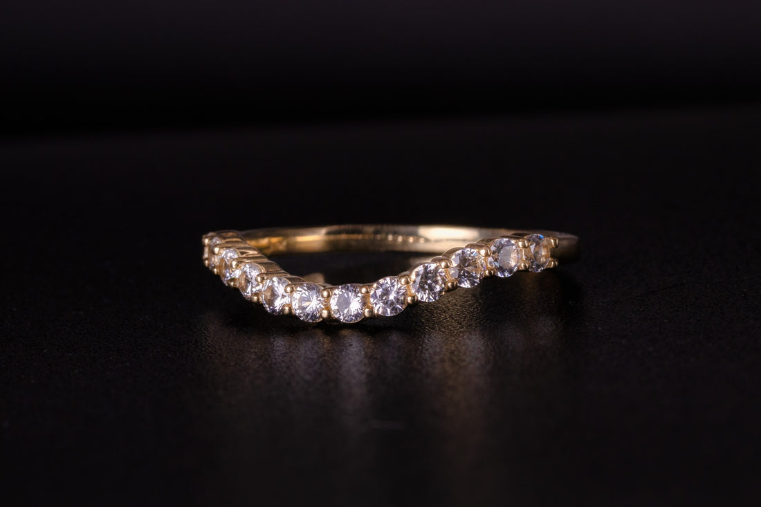 Natural White Sapphire Wedding Band, Free form Band, Yellow Gold Band