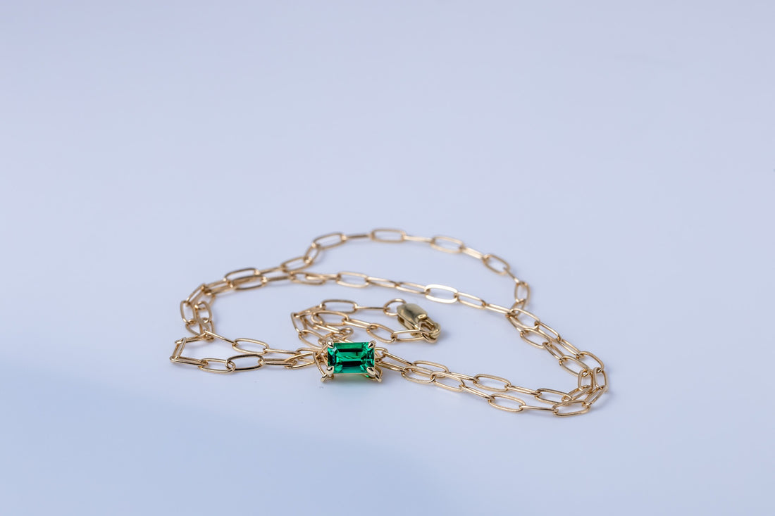 14k Gold Emerald Necklace Set East West with Paper Clip Chain