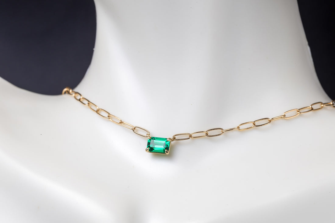 14k Gold Emerald Necklace Set East West with Paper Clip Chain