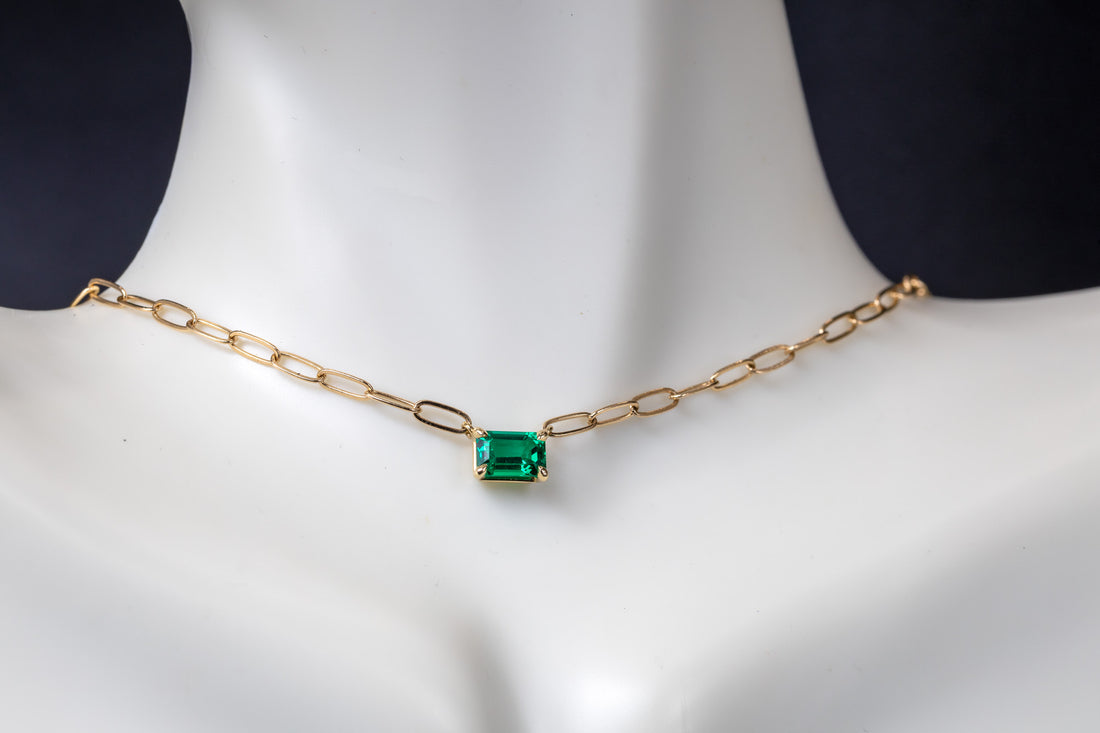 14k Gold Emerald Necklace Set East West with Paper Clip Chain