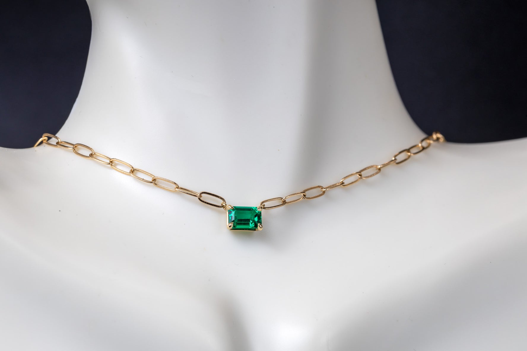 14k Gold Emerald Necklace Set East West with Paper Clip Chain