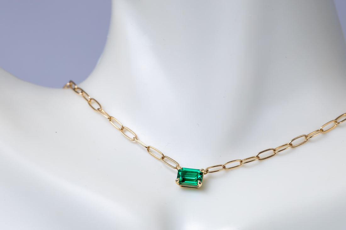 14k Gold Emerald Necklace Set East West with Paper Clip Chain