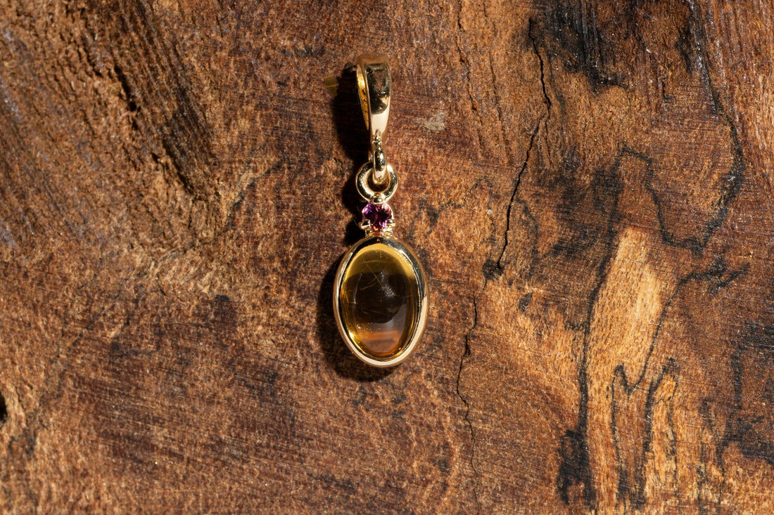 14k Natural Citrine & Pink Tourmaline Pendant, Citrine Charm, November Birthstone
