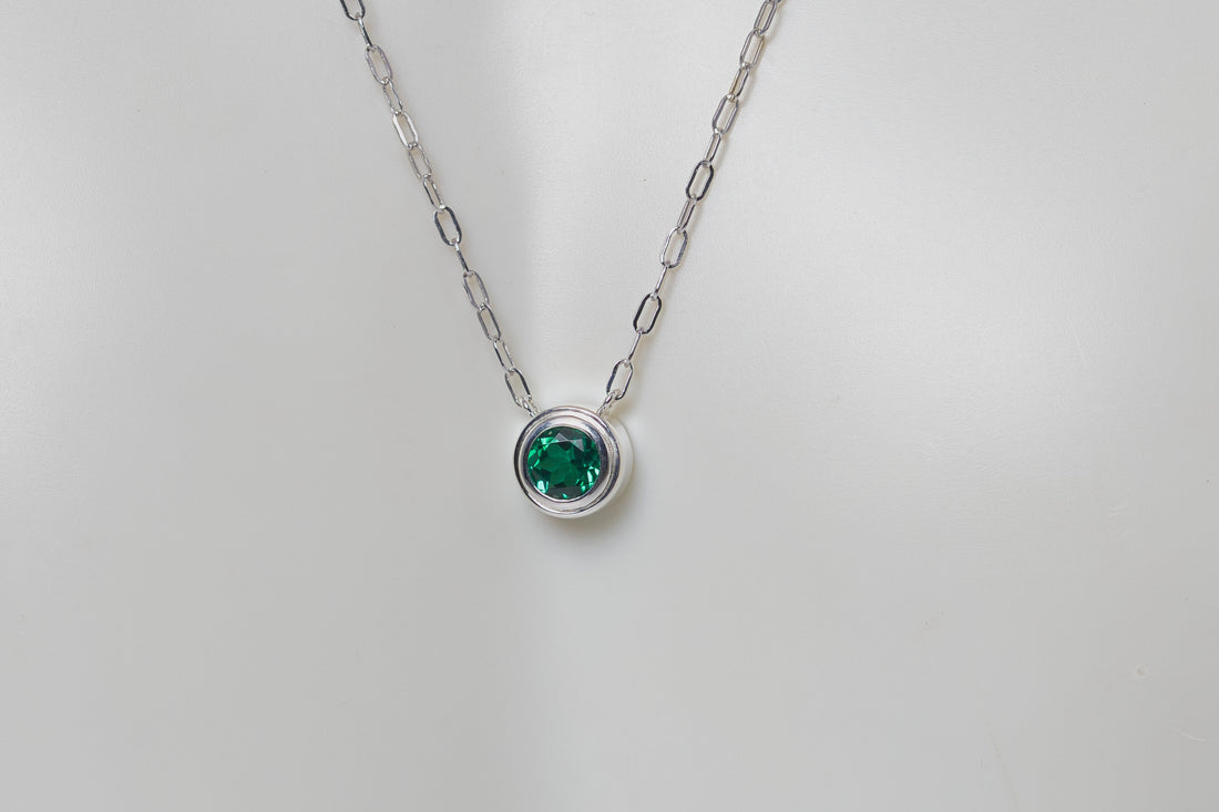 Lab Grown Emerald Silver Necklace, May birthstone Necklace, Bezel Set Gemstone Necklace