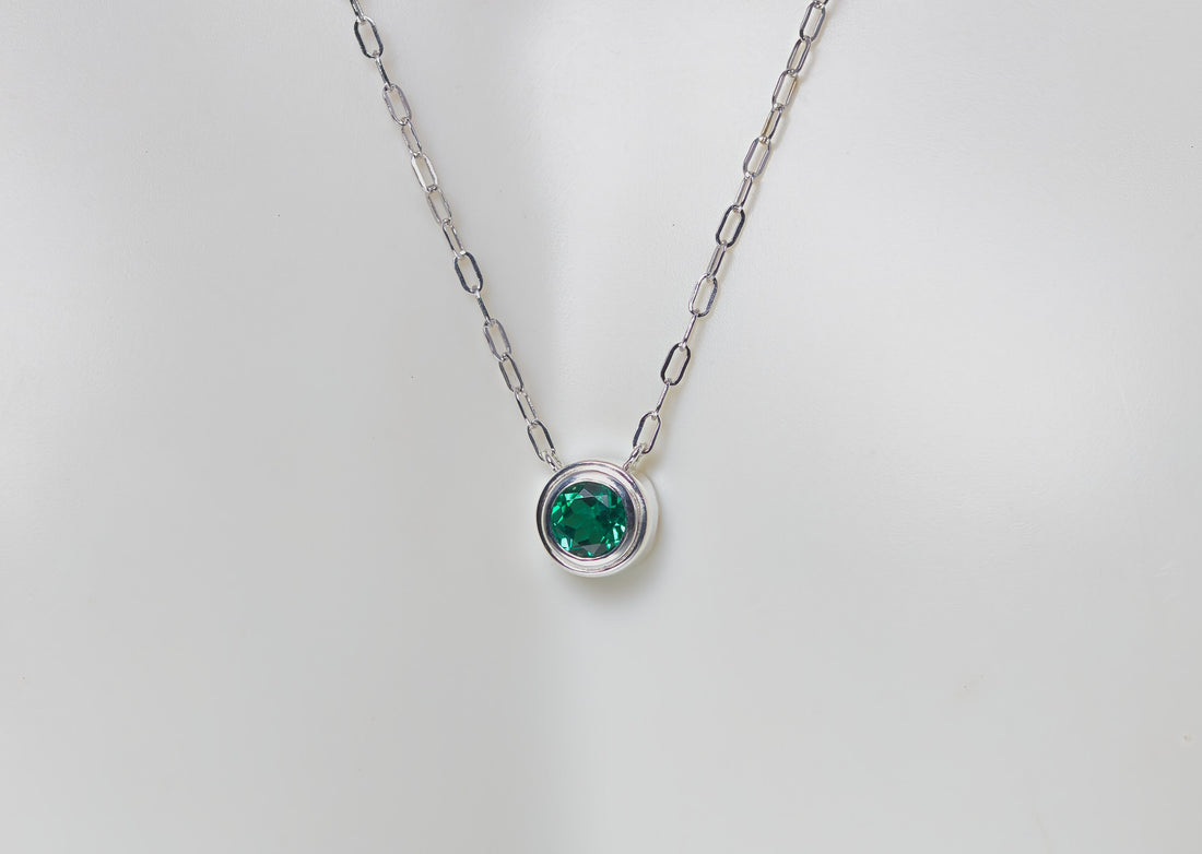 Lab Grown Emerald Silver Necklace, May birthstone Necklace, Bezel Set Gemstone Necklace
