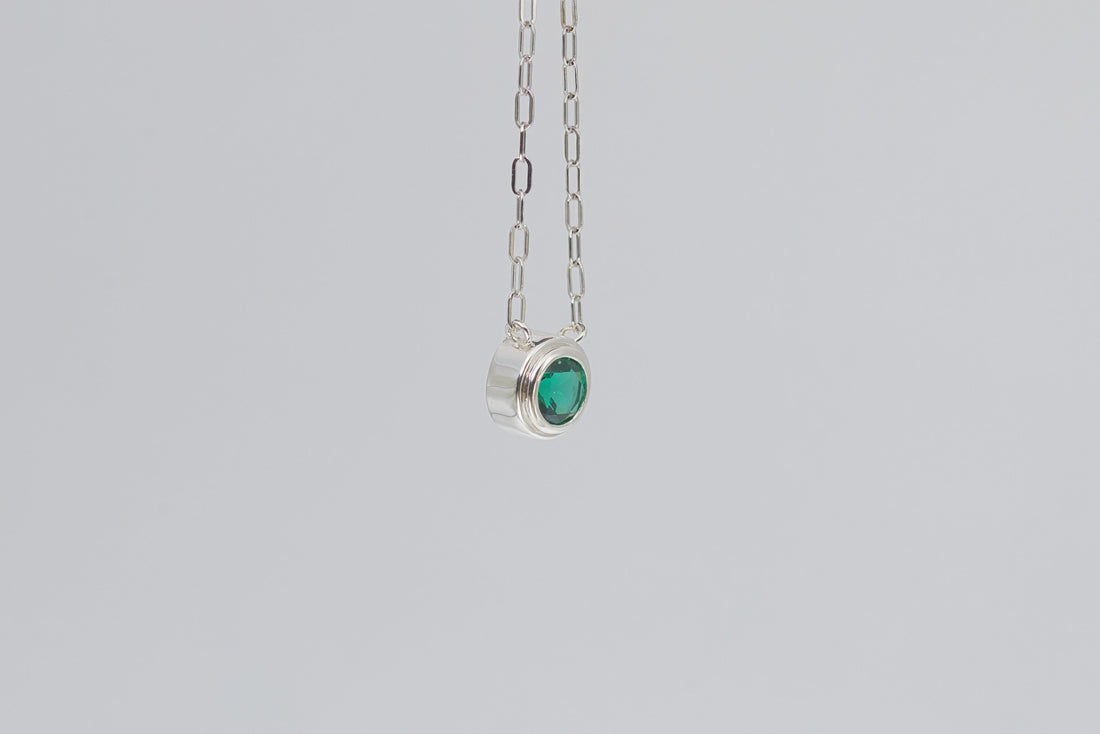 Lab Grown Emerald Silver Necklace, May birthstone Necklace, Bezel Set Gemstone Necklace