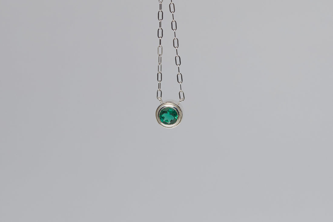 Lab Grown Emerald Silver Necklace, May birthstone Necklace, Bezel Set Gemstone Necklace