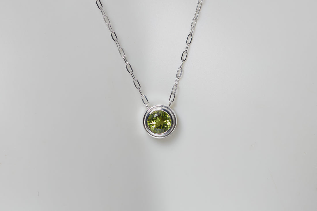 Natural Peridot Silver Necklace, August Birthstone, Gemstone Bezel Necklace