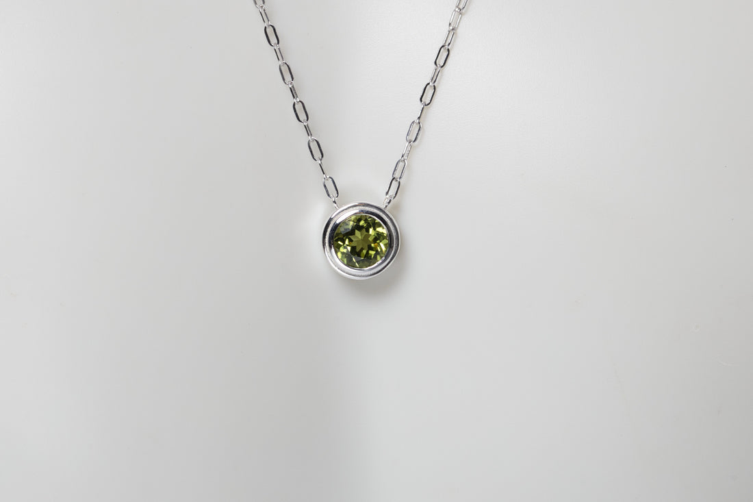 Natural Peridot Silver Necklace, August Birthstone, Gemstone Bezel Necklace