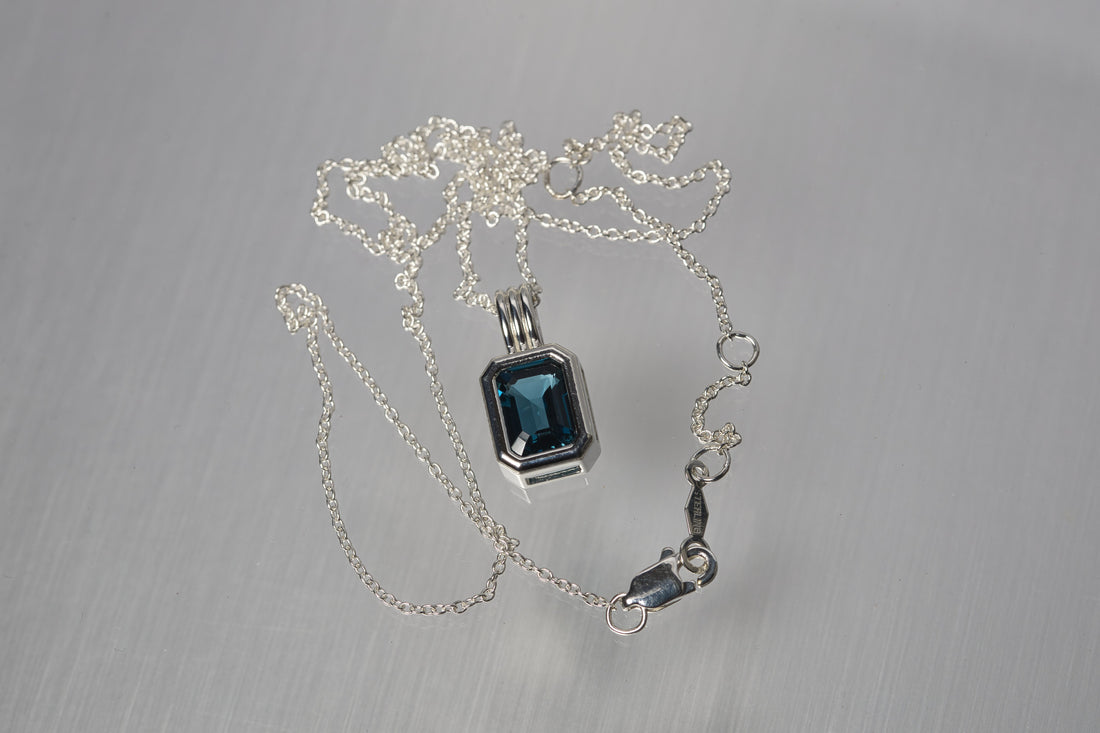 Sterling Silver Natural London Blue Topaz Solitaire Necklace, December Birthstone Necklace