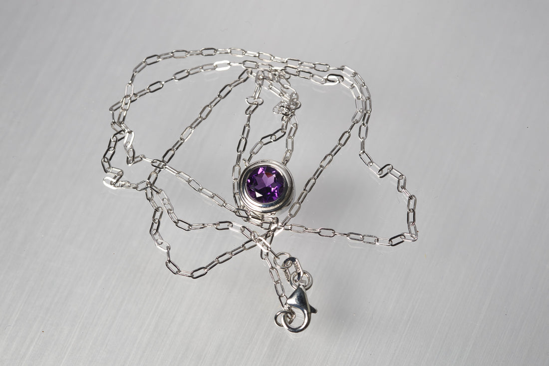 Natural Amethyst silver necklace, February Birthstone, Gemstone Paperclip Chain
