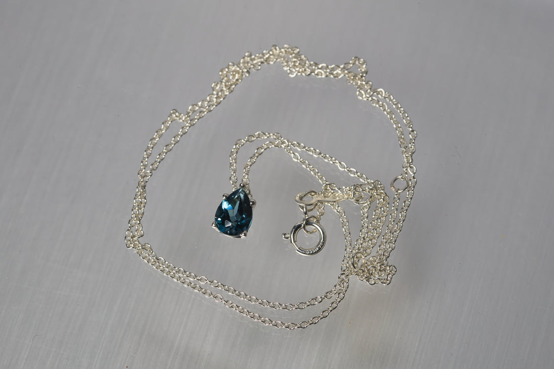 Natural London Blue Topaz Silver Birthstone Necklace, Gemstone Necklace