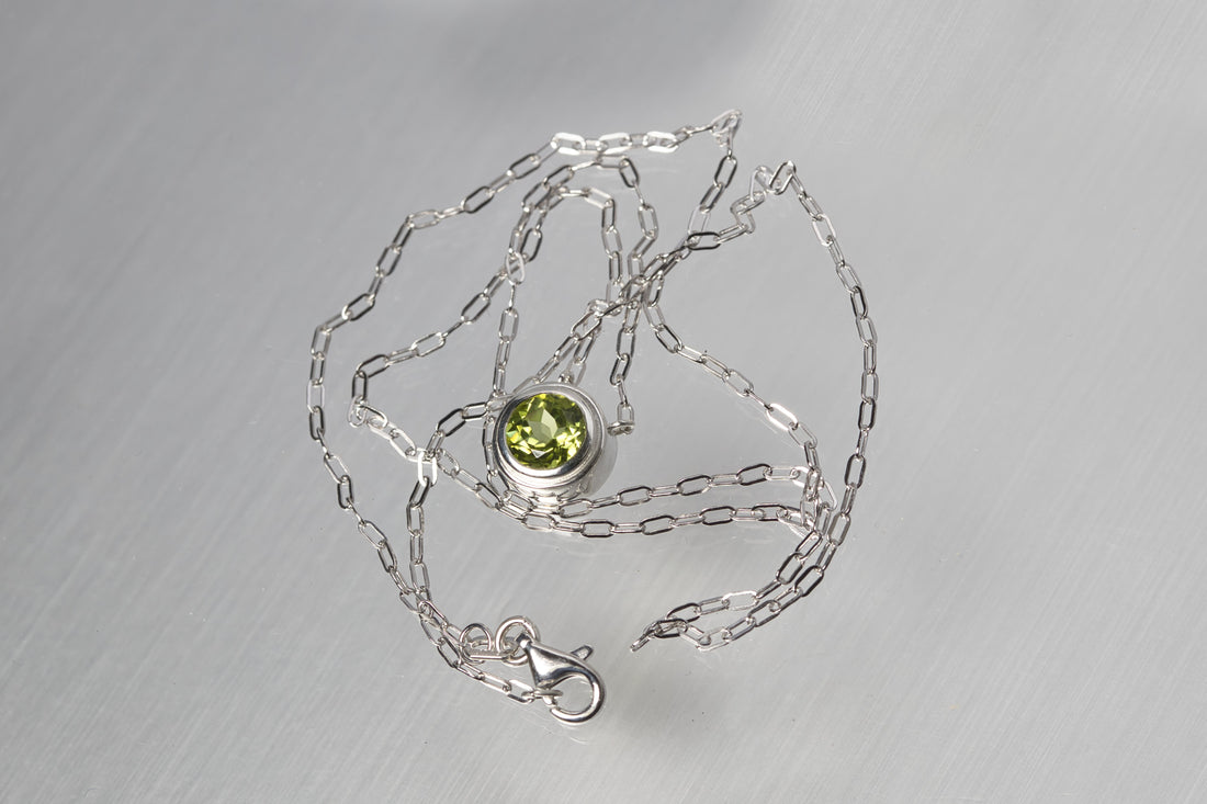 Natural Peridot Silver Necklace, August Birthstone, Gemstone Bezel Necklace