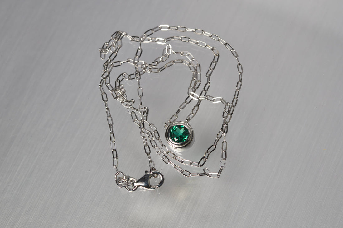 Lab Grown Emerald Silver Necklace, May birthstone Necklace, Bezel Set Gemstone Necklace