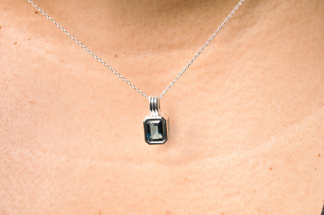 Sterling Silver Natural London Blue Topaz Solitaire Necklace, December Birthstone Necklace
