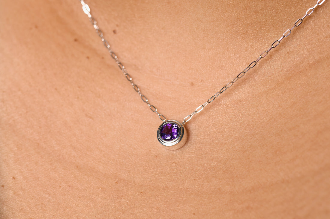 Natural Amethyst silver necklace, February Birthstone, Gemstone Paperclip Chain