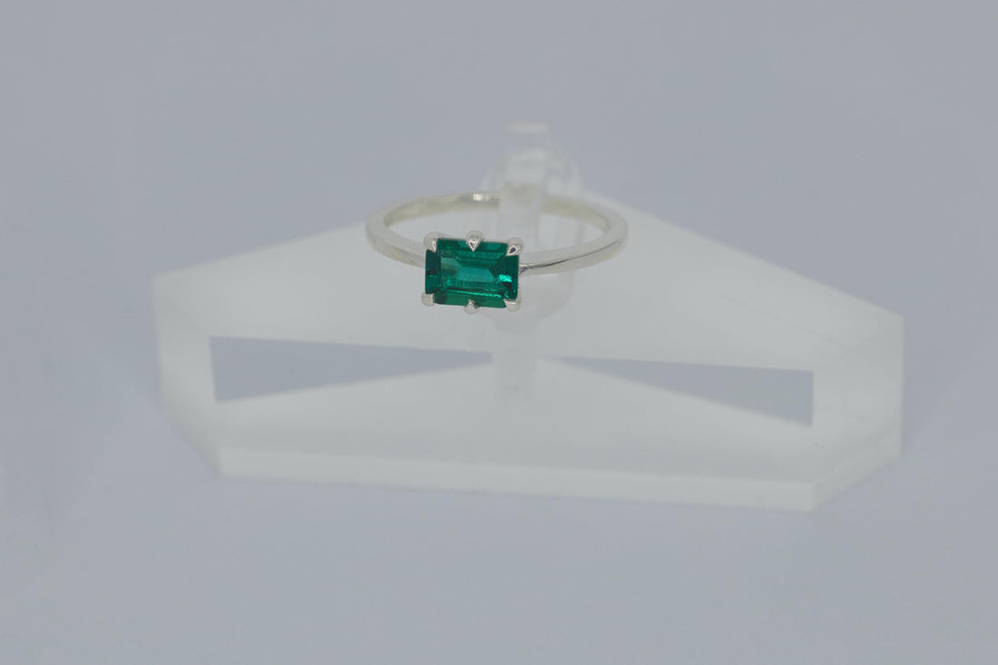 Solitaire Sterling Silver Lab Grown Emerald Ring
