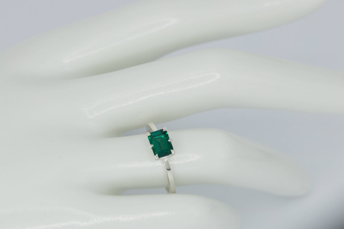 Solitaire Sterling Silver Lab Grown Emerald Ring