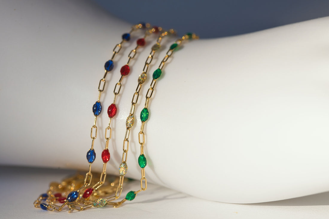 14K Yellow Gold Filled Sapphire Blue enamel paperclip chain bracelet