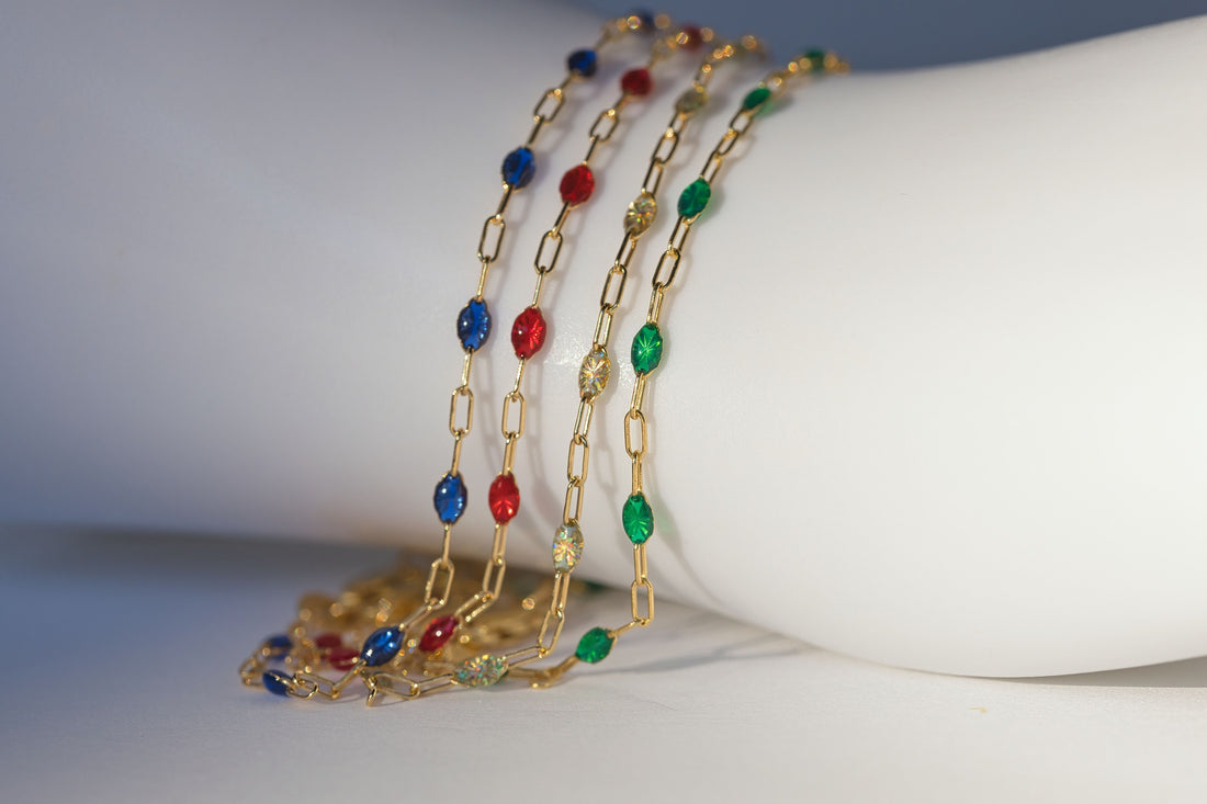 14K Yellow Gold Filled Sapphire Blue enamel paperclip chain bracelet