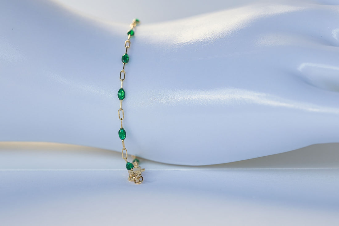 14K Yellow Gold Filled Emerald Green enamel paperclip chain bracelet