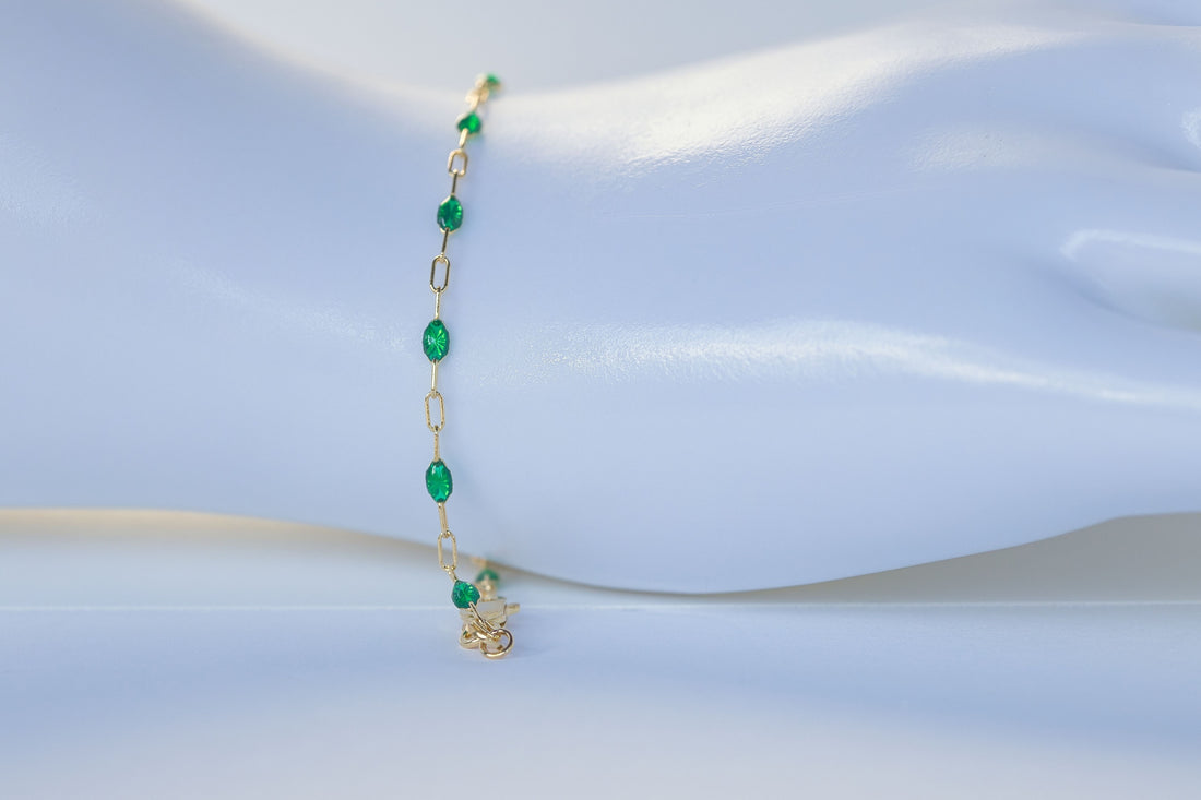 14K Yellow Gold Filled Emerald Green enamel paperclip chain bracelet