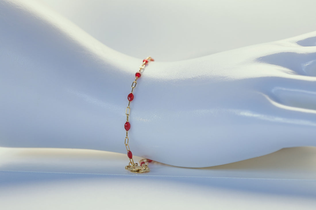 14K Yellow Gold Filled Ruby Red enamel paperclip chain bracelet