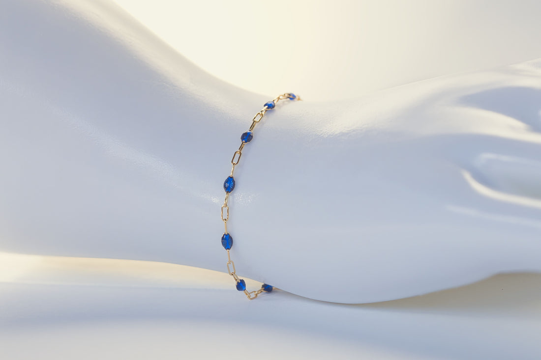 14K Yellow Gold Filled Sapphire Blue enamel paperclip chain bracelet
