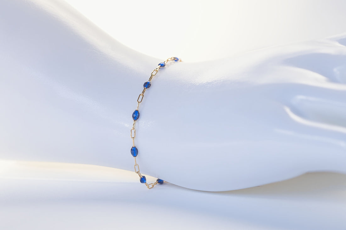 14K Yellow Gold Filled Sapphire Blue enamel paperclip chain bracelet