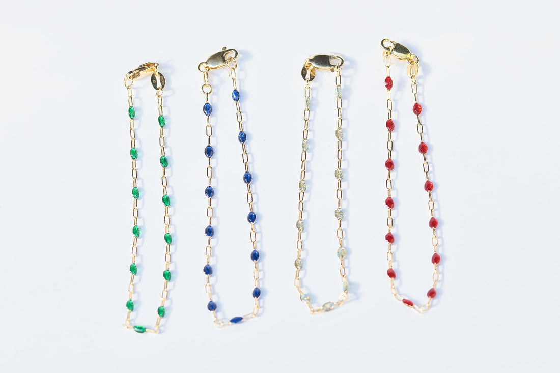 14K Yellow Gold Filled Sapphire Blue enamel paperclip chain bracelet