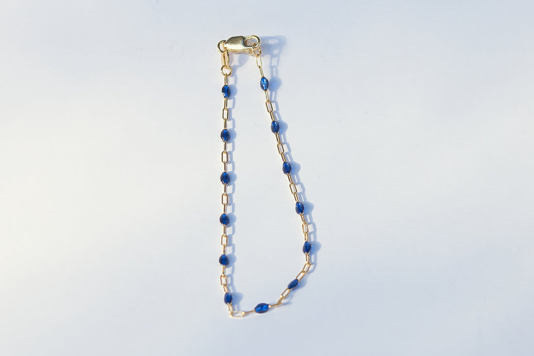 14K Yellow Gold Filled Sapphire Blue enamel paperclip chain bracelet