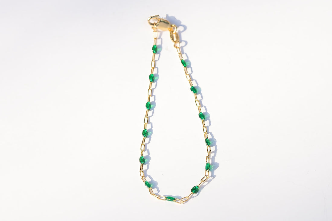 14K Yellow Gold Filled Emerald Green enamel paperclip chain bracelet