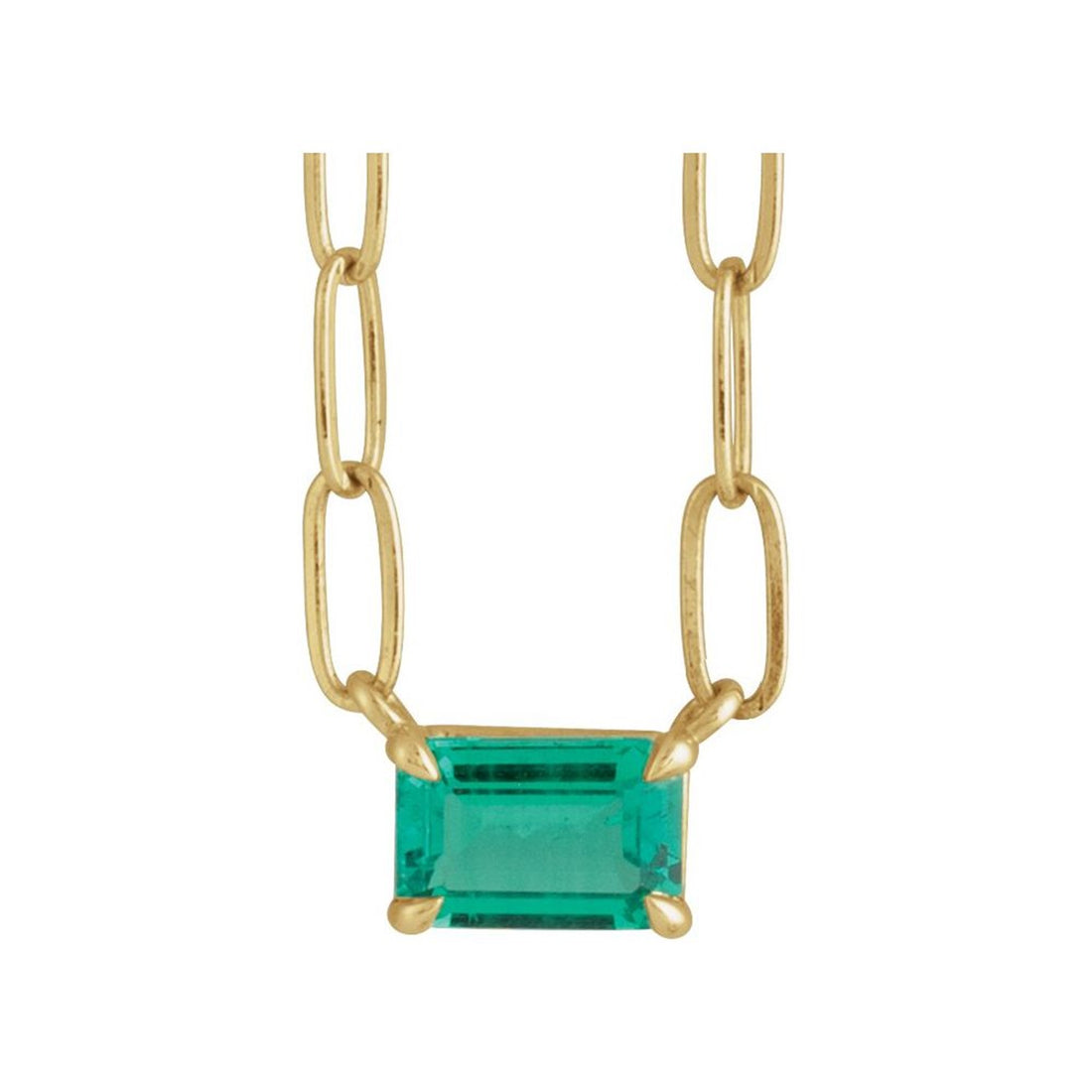 14k Gold Emerald Necklace Set East West with Paper Clip Chain